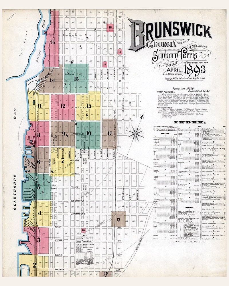 1893 Town Map of Brunswick Glynn County Georgia