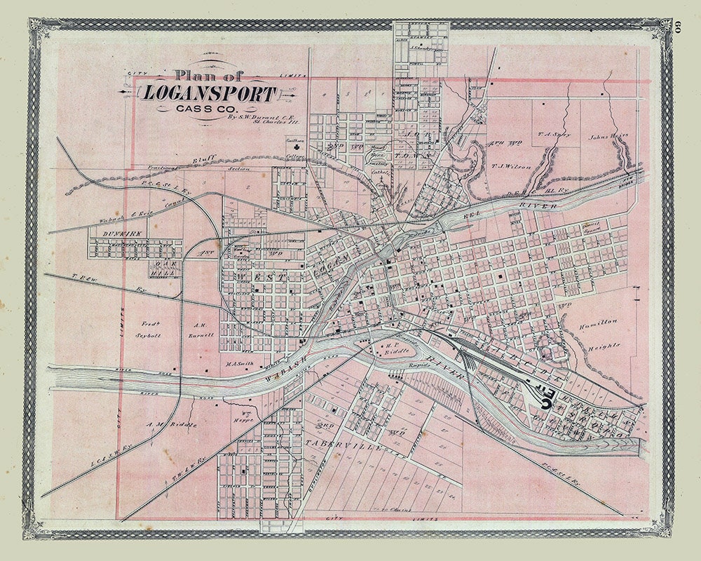 1876 Map of Logansport Cass County Indiana