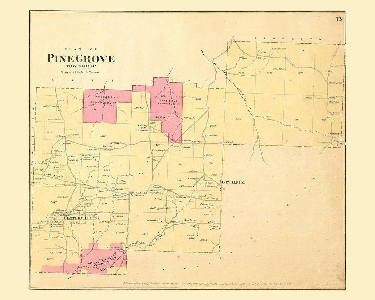 1865 Map of Pine Grove Township Venango County Pennsylvania Oil Region
