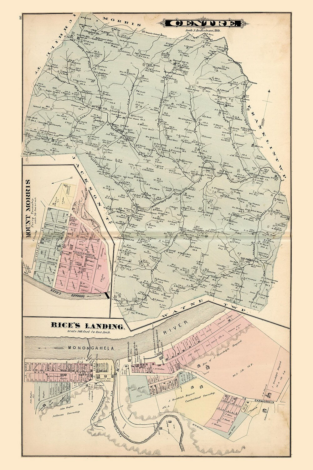 1876 Map of Centre Township Greene County Pennsylvania RicesLanding Mount Morris