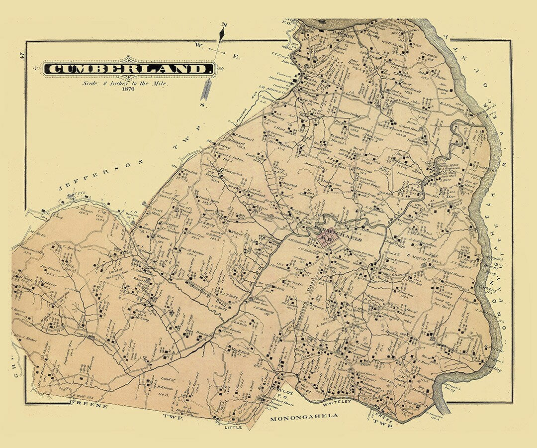 1876 Map of Cumberland Township Greene County Pennsylvania