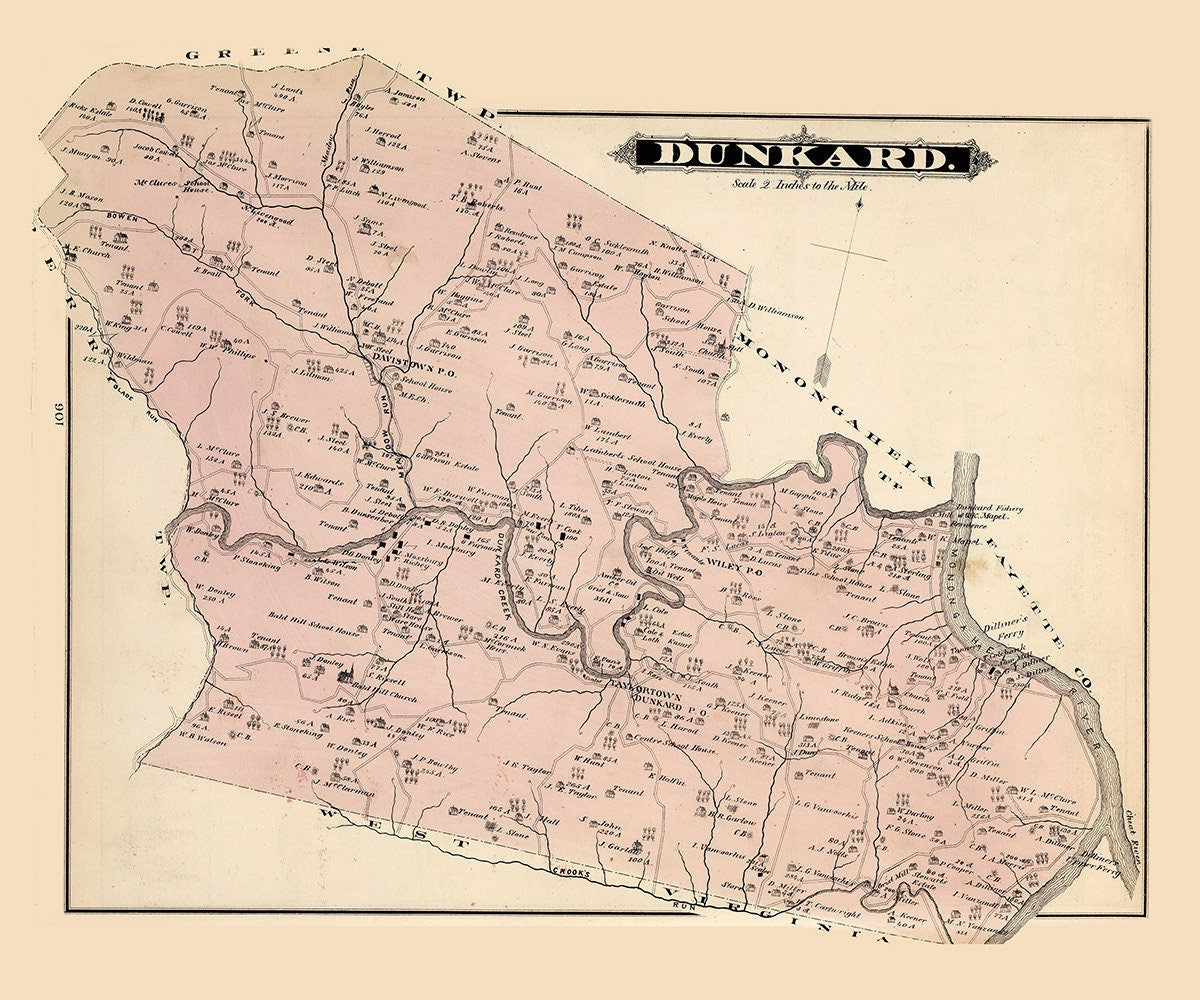 1876 Map of Dunkard Township Greene County Pennsylvania