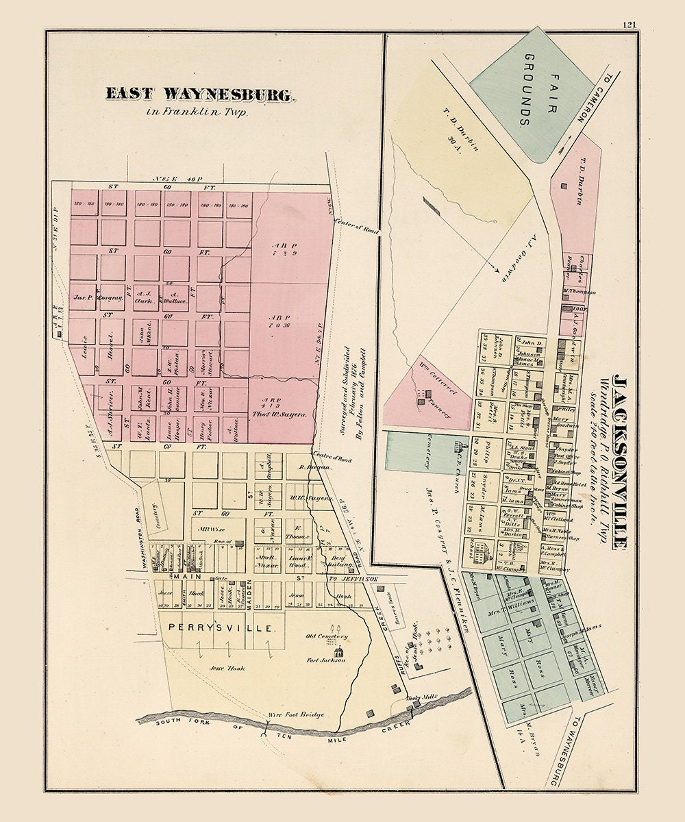 1876 Map of East Waynesburg and Jacktown Greene County Pennsylvania