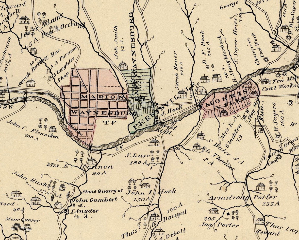 1876 Map of Franklin Township Greene County Pennsylvania Garards Fort Blacksville