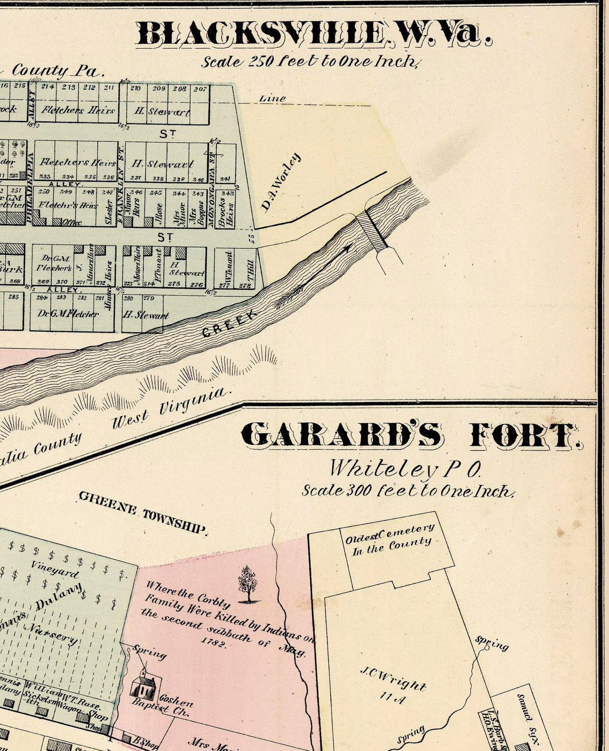 1876 Map of Franklin Township Greene County Pennsylvania Garards Fort Blacksville