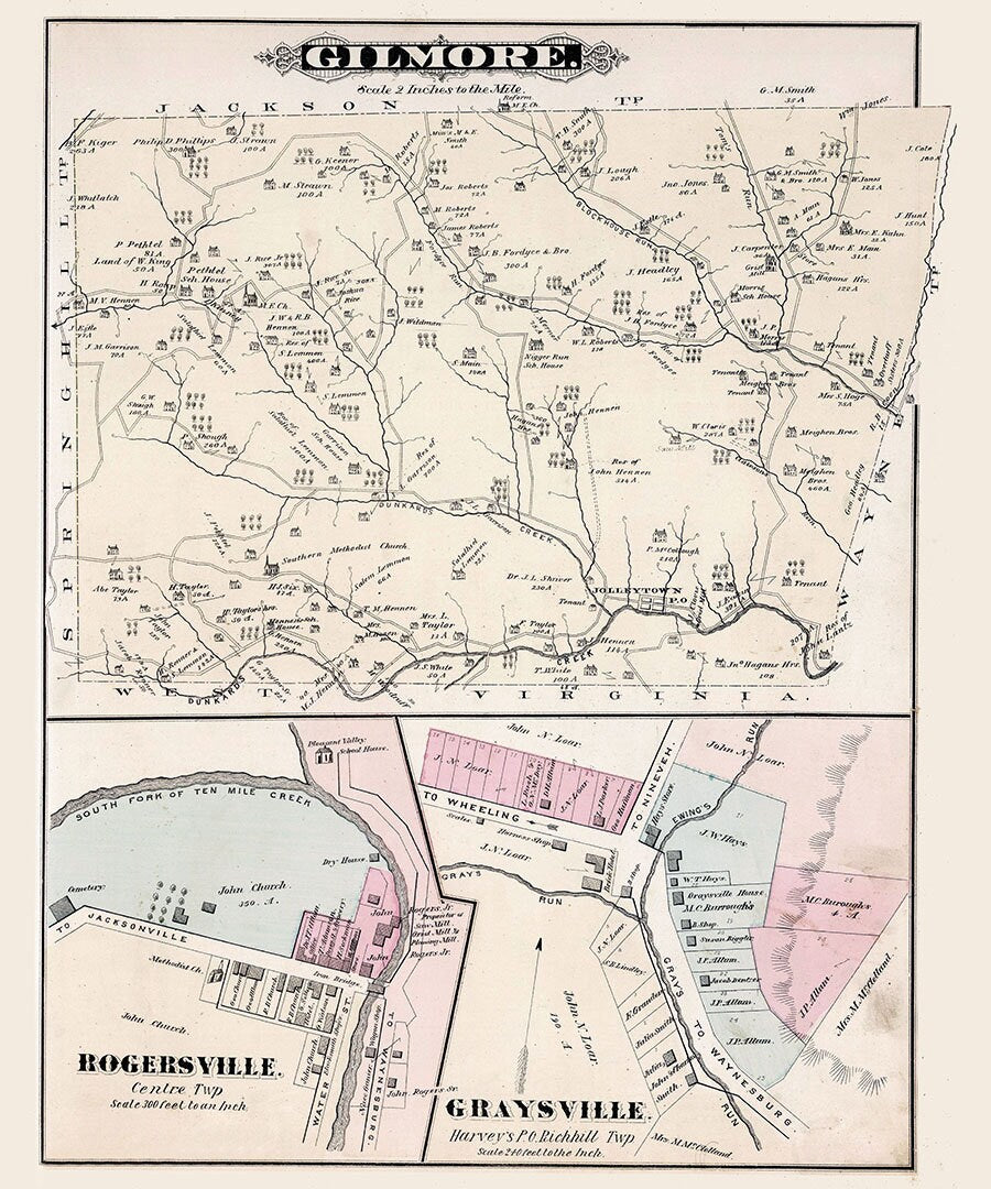 1876 Map of Gilmore Township Greene County Pennsylvania Rogersville Graysville