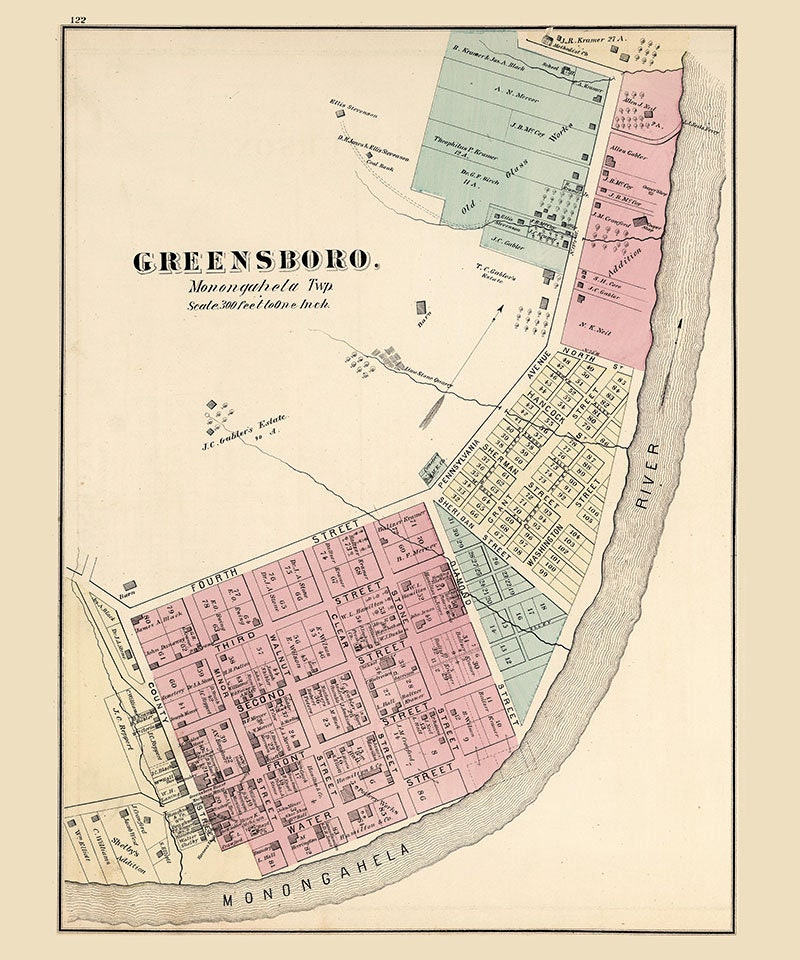 1876 Map of Greensboro Greene County Pennsylvania