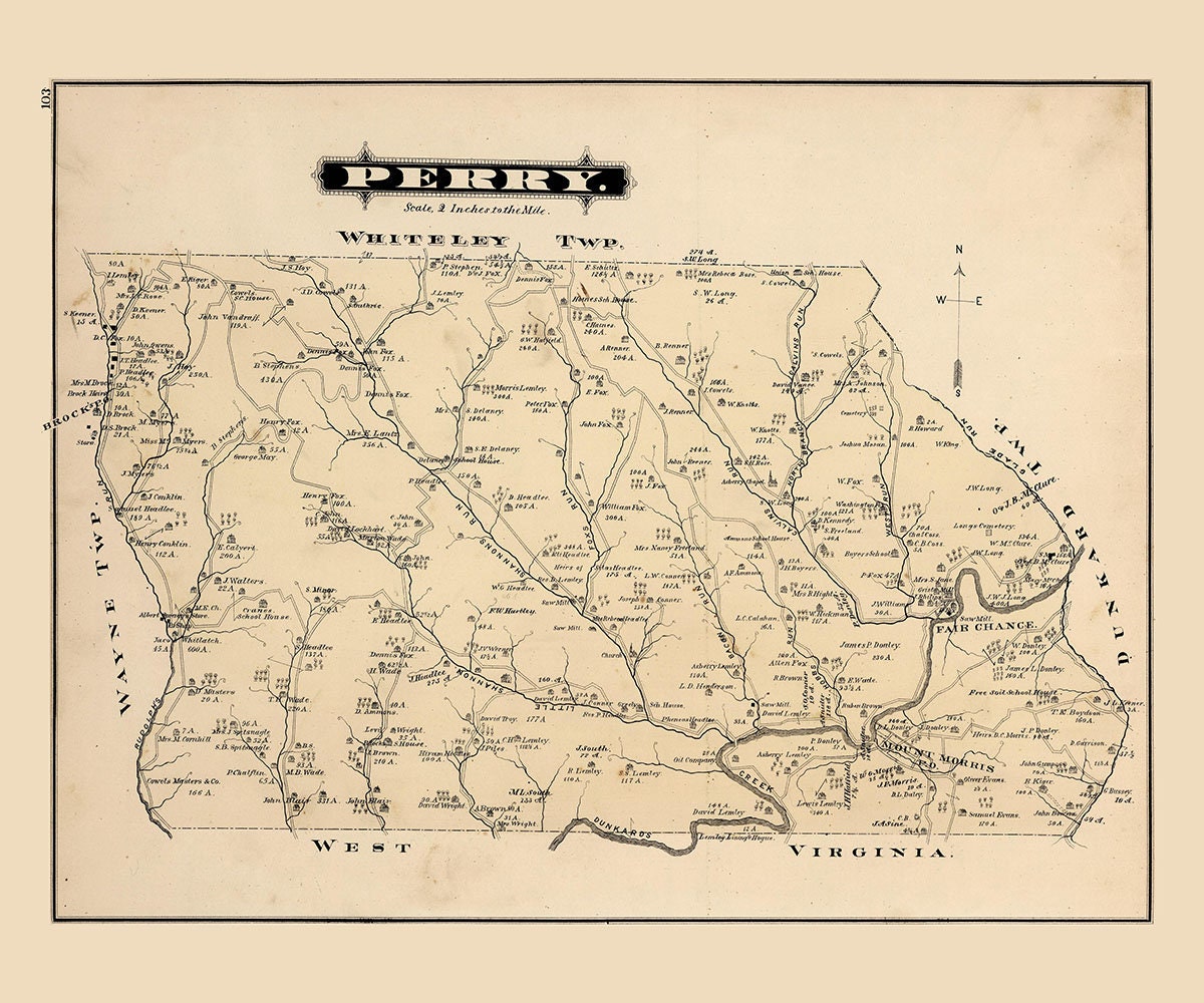 1876 Map of Perry Township Greene County Pennsylvania