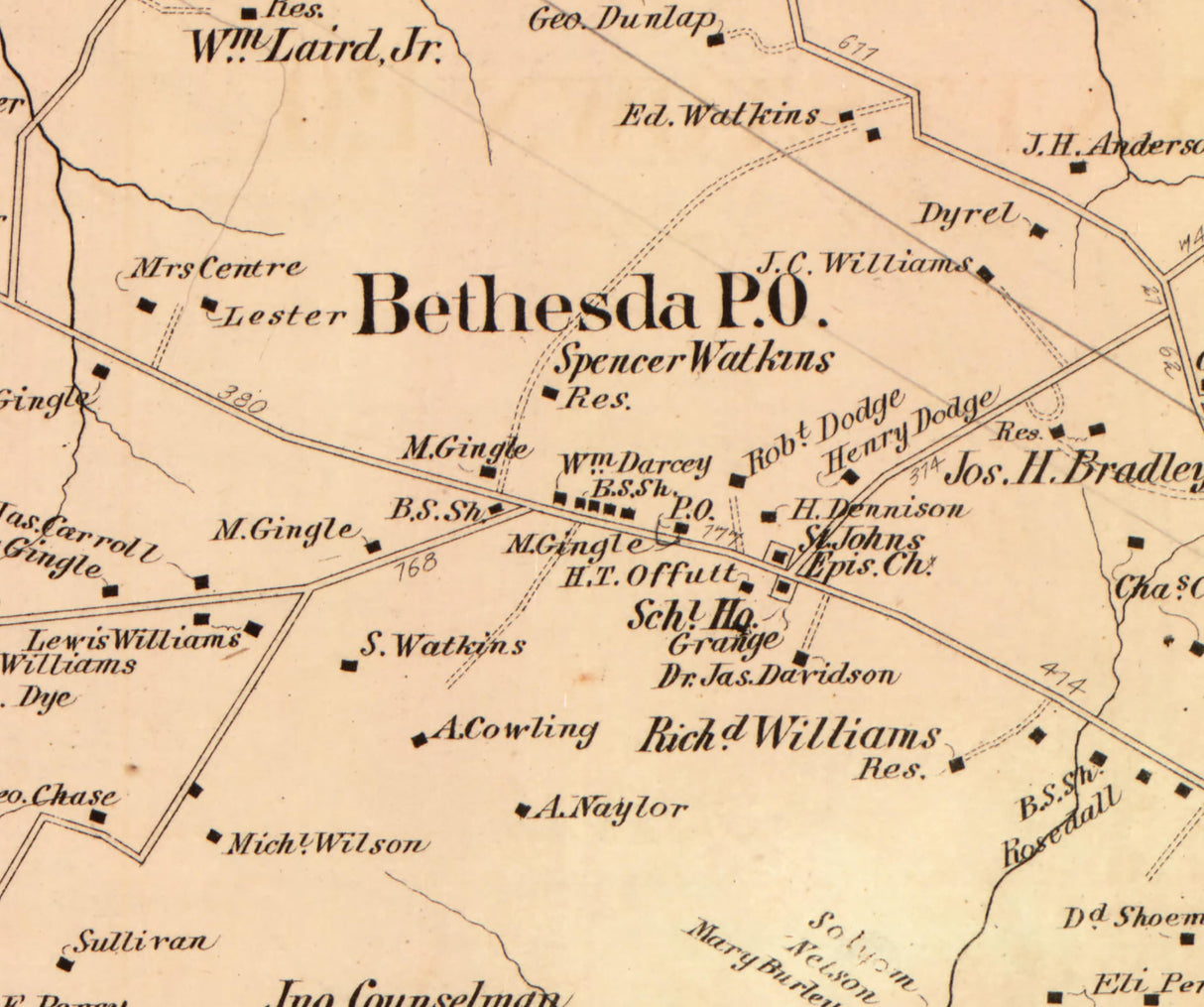 1879 Map of Bethesda District Montgomery County Maryland