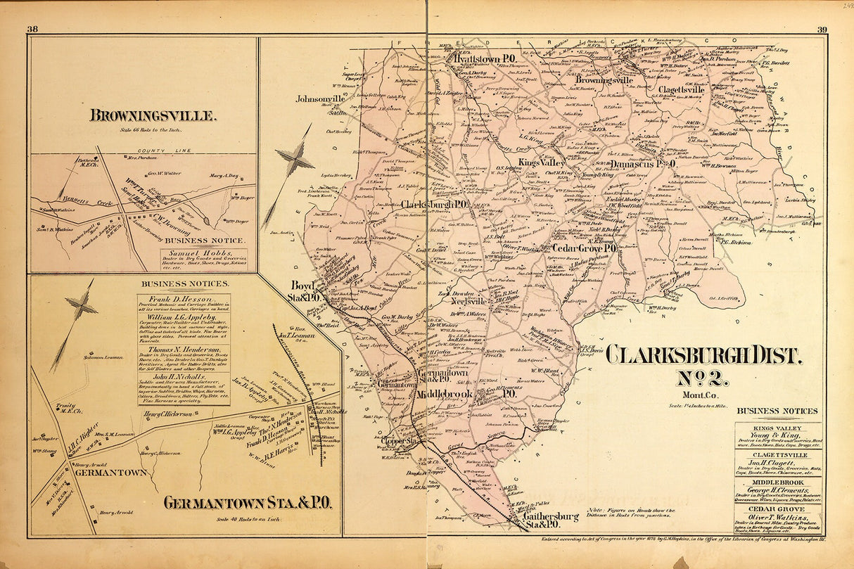 1879 Map of Clarksburgh District Montgomery County Maryland