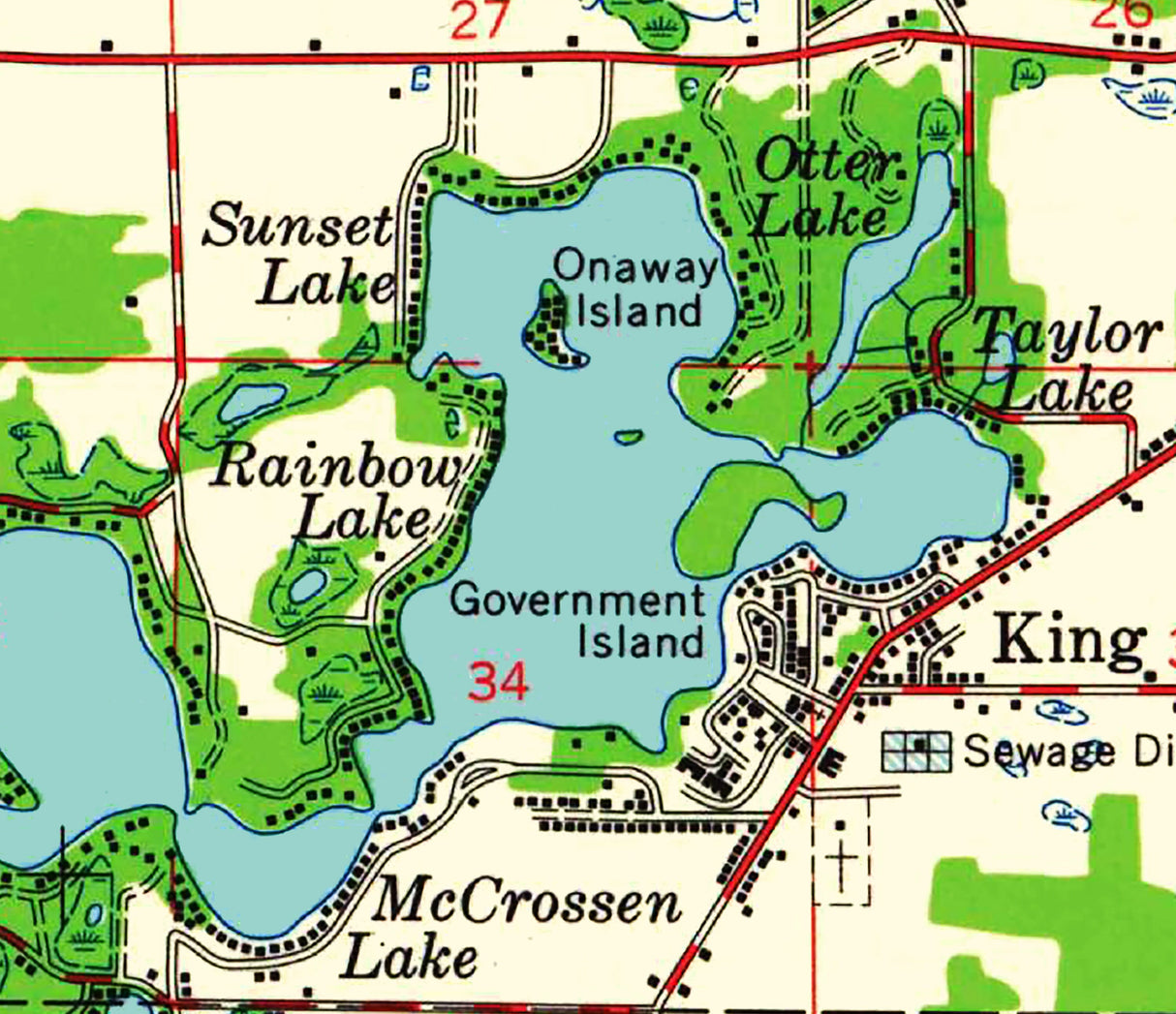 1959 Map of Chain O Lakes Waupaca County Wisconsin