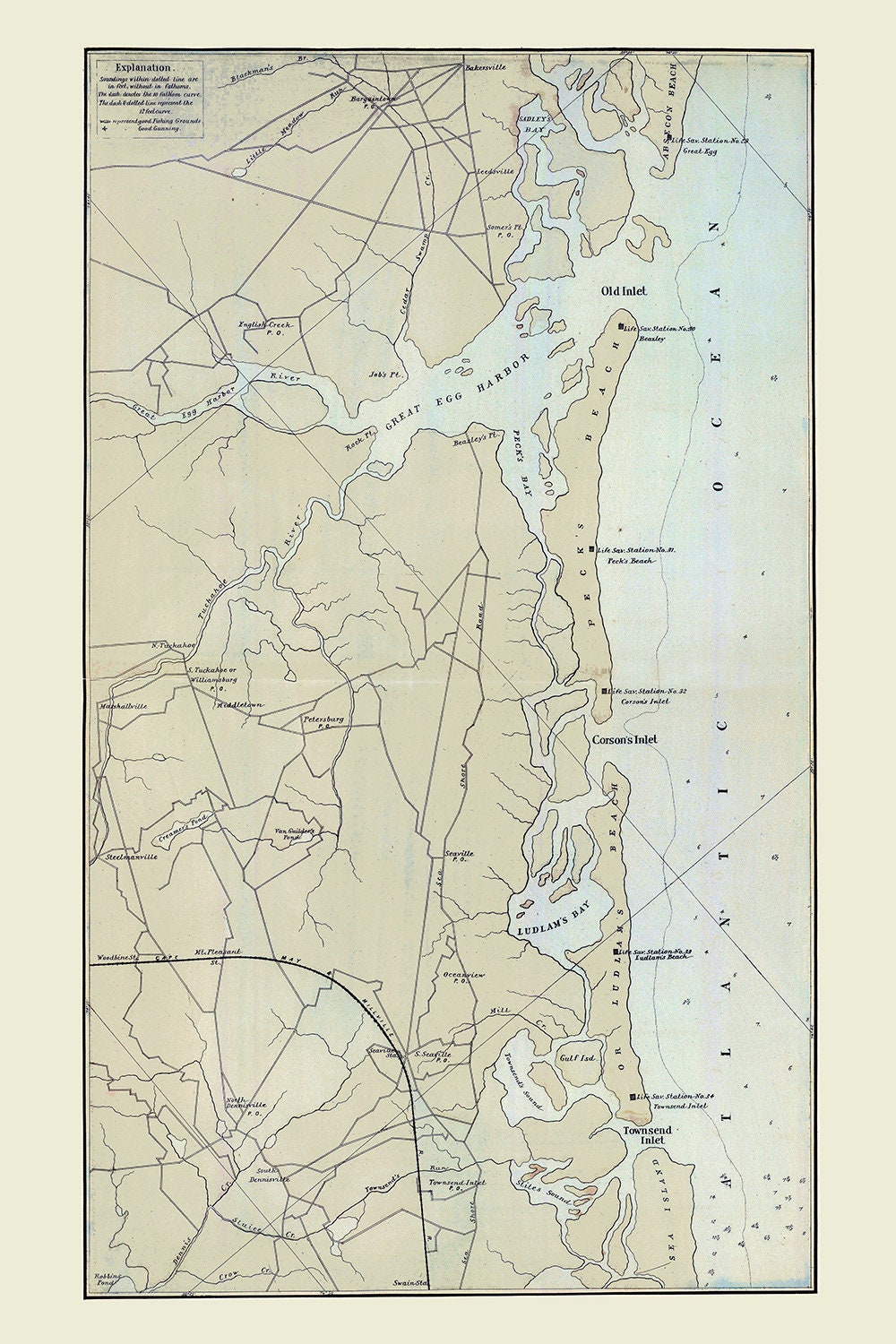 1878 Map of New Jersey Coast Absecon Beach to Sea Island