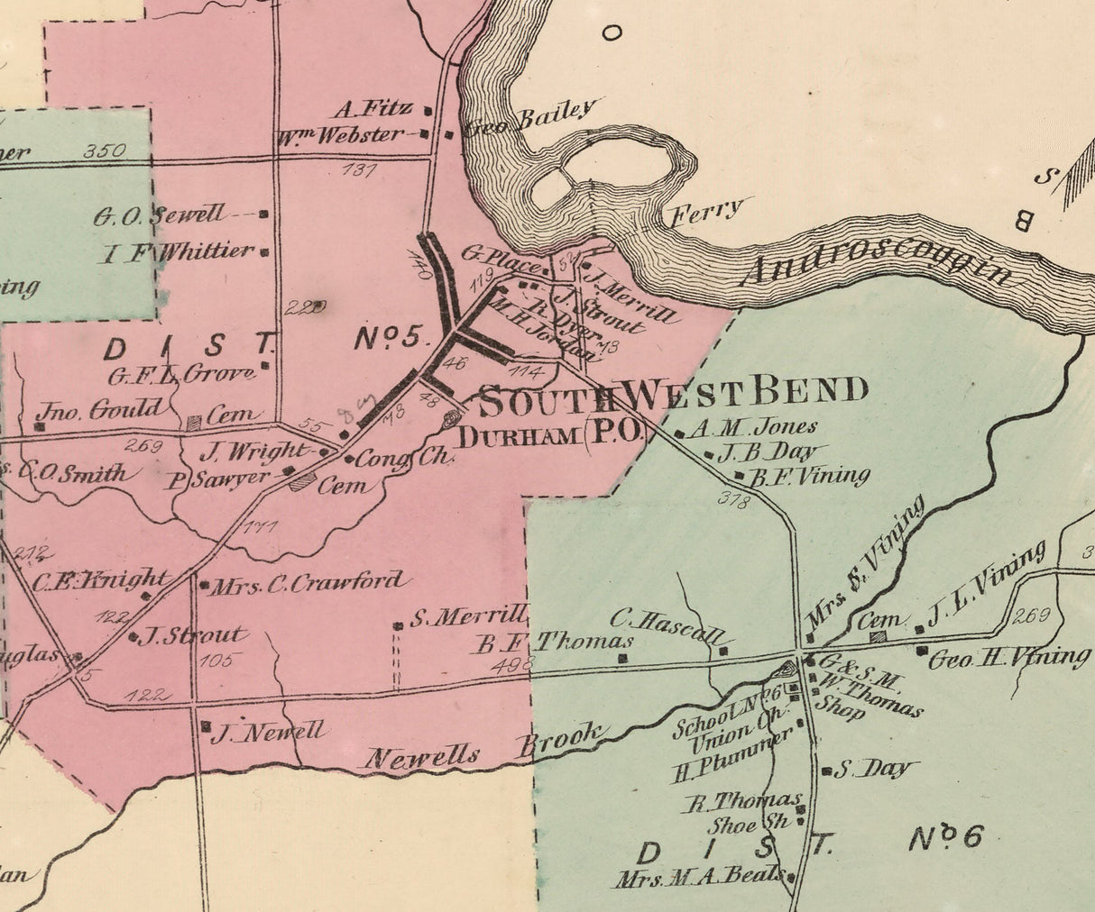 1873 Map of Durham Township Androscoggin County Maine