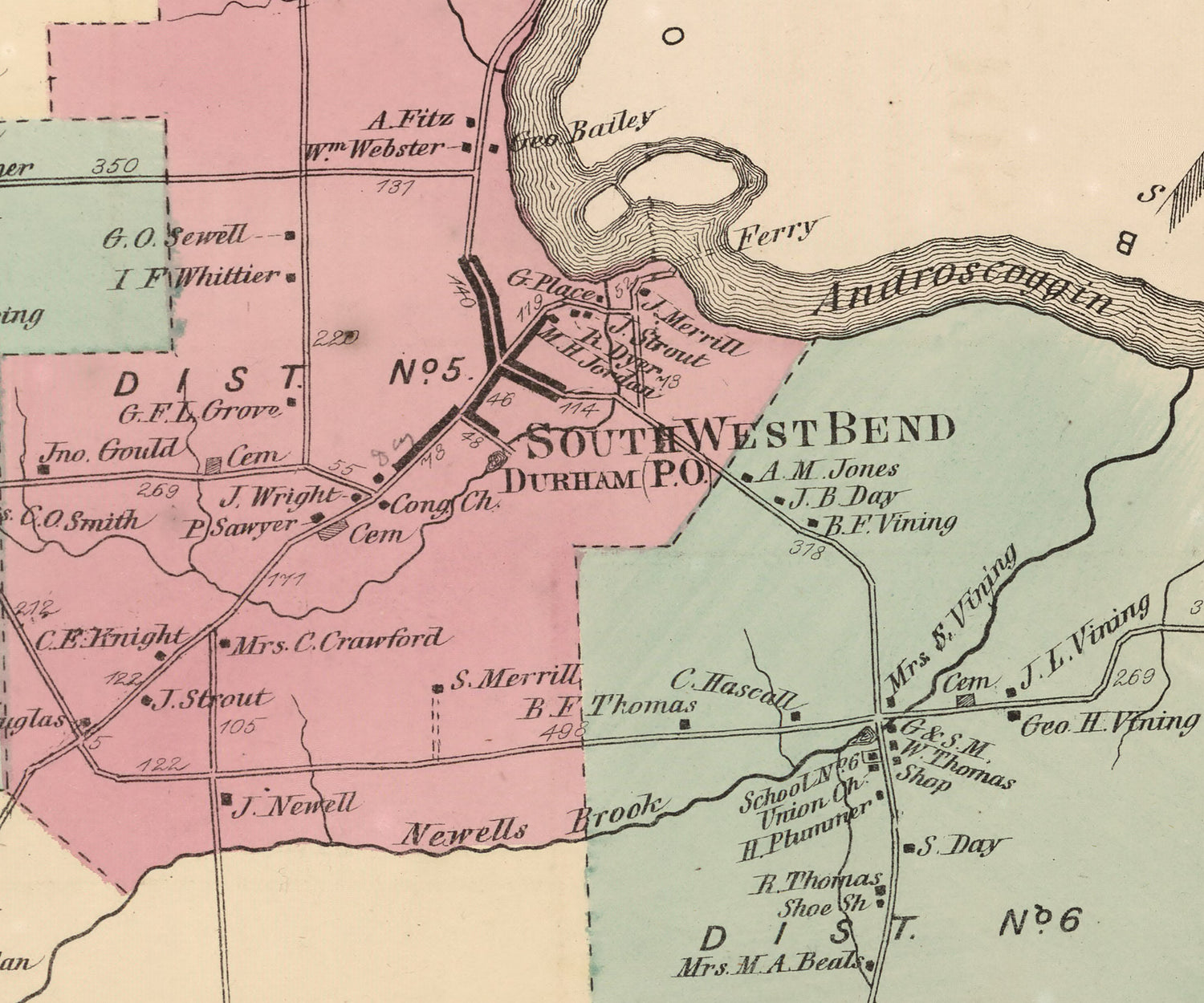 1873 Map of Durham Township Androscoggin County Maine