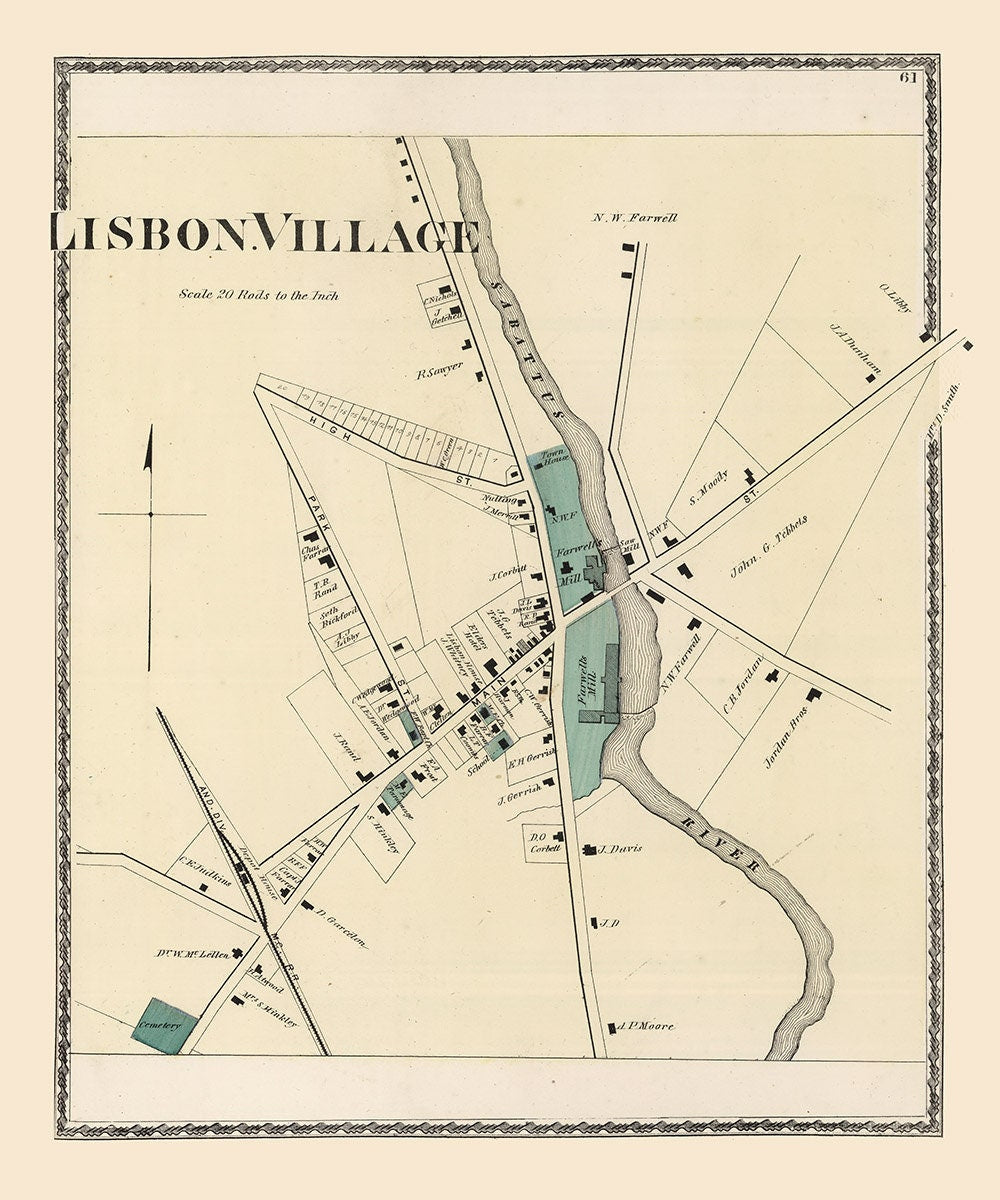 1873 Map of Lisbon Village Androscoggin County Maine