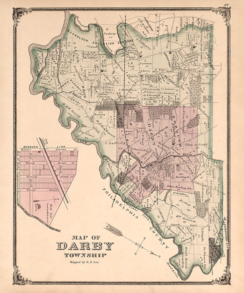 1875 Map of Darby Township Delaware County Pennsylvania
