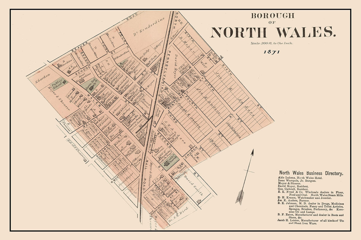1871 Map of North Wales Montgomery County Pennsylvania