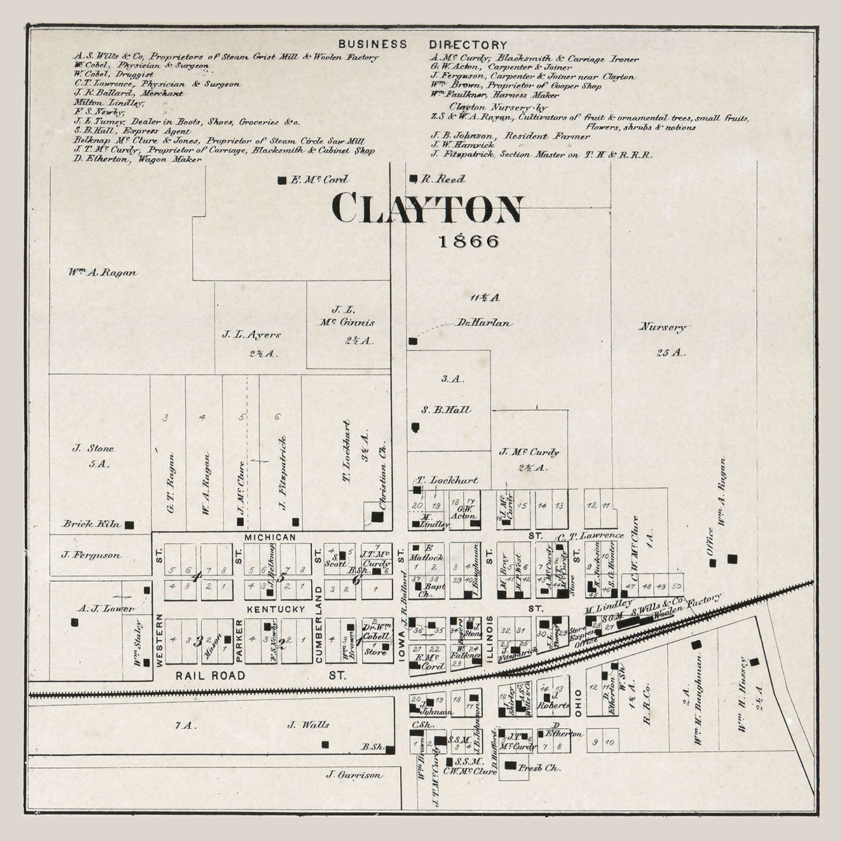 1866 Map of Clayton Hendricks County Indiana