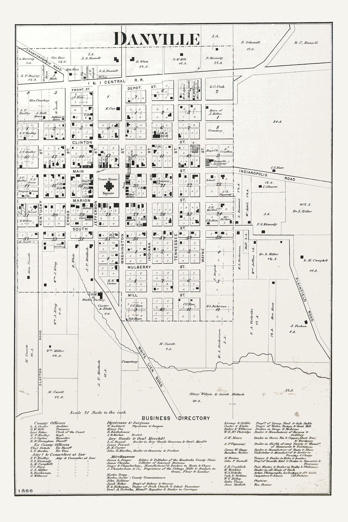 1866 Map of Danville Hendricks County Indiana