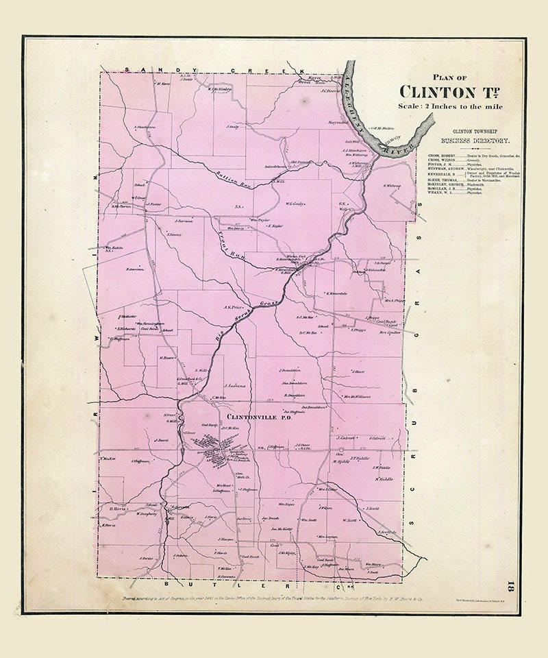 1865 Map of Clinton Township Venango County Pennsylvania Oil Region
