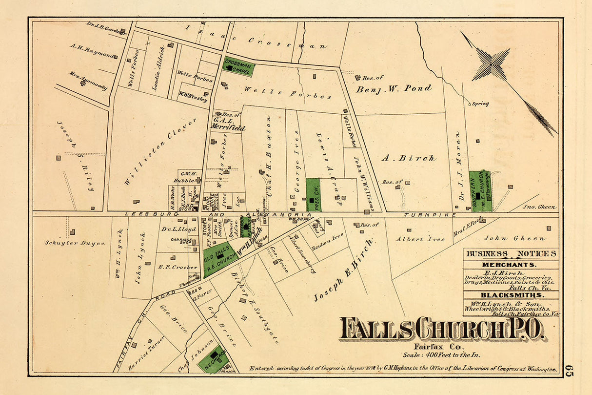 1879 Town Map of Falls Church Fairfax County Virginia