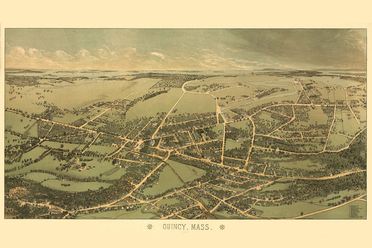 1877 Panoramic Map of Quincy Massachusetts