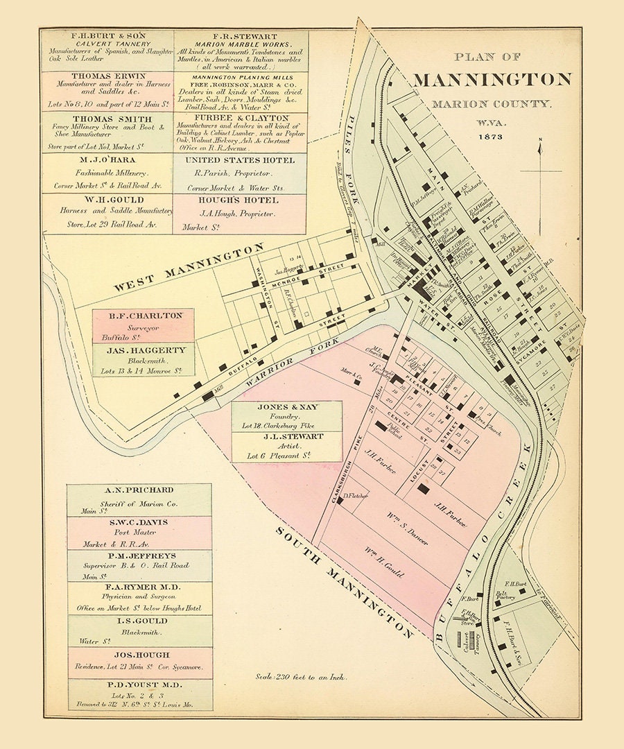 1873 Map of Mannington Marion County West Virginia