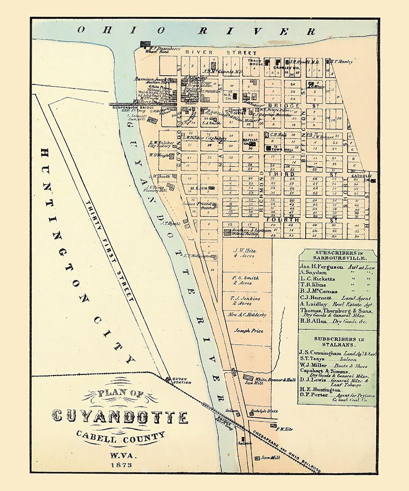 1873 Map of Cuyandotte Cabell County West Virginia