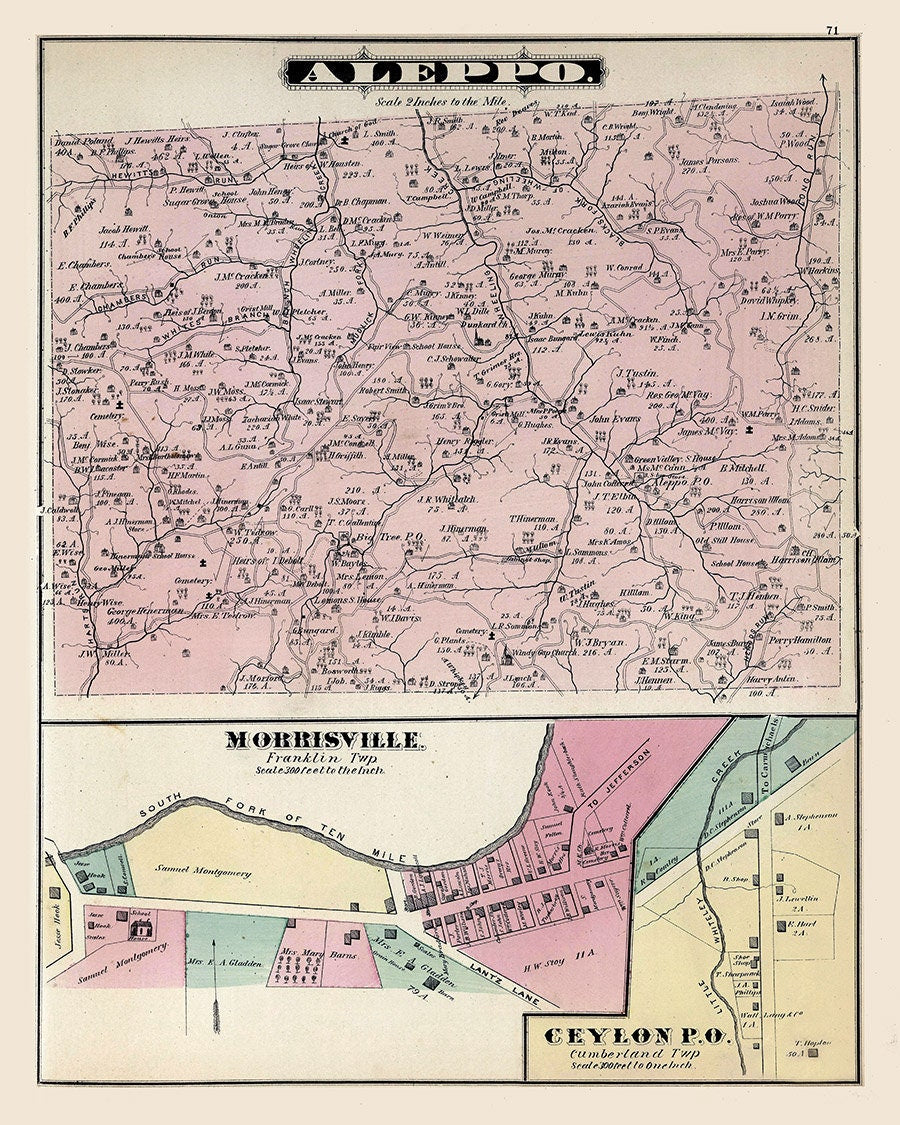 1876 Map of Aleppo Township Greene County Pennsylvania Ceylon Morrisville