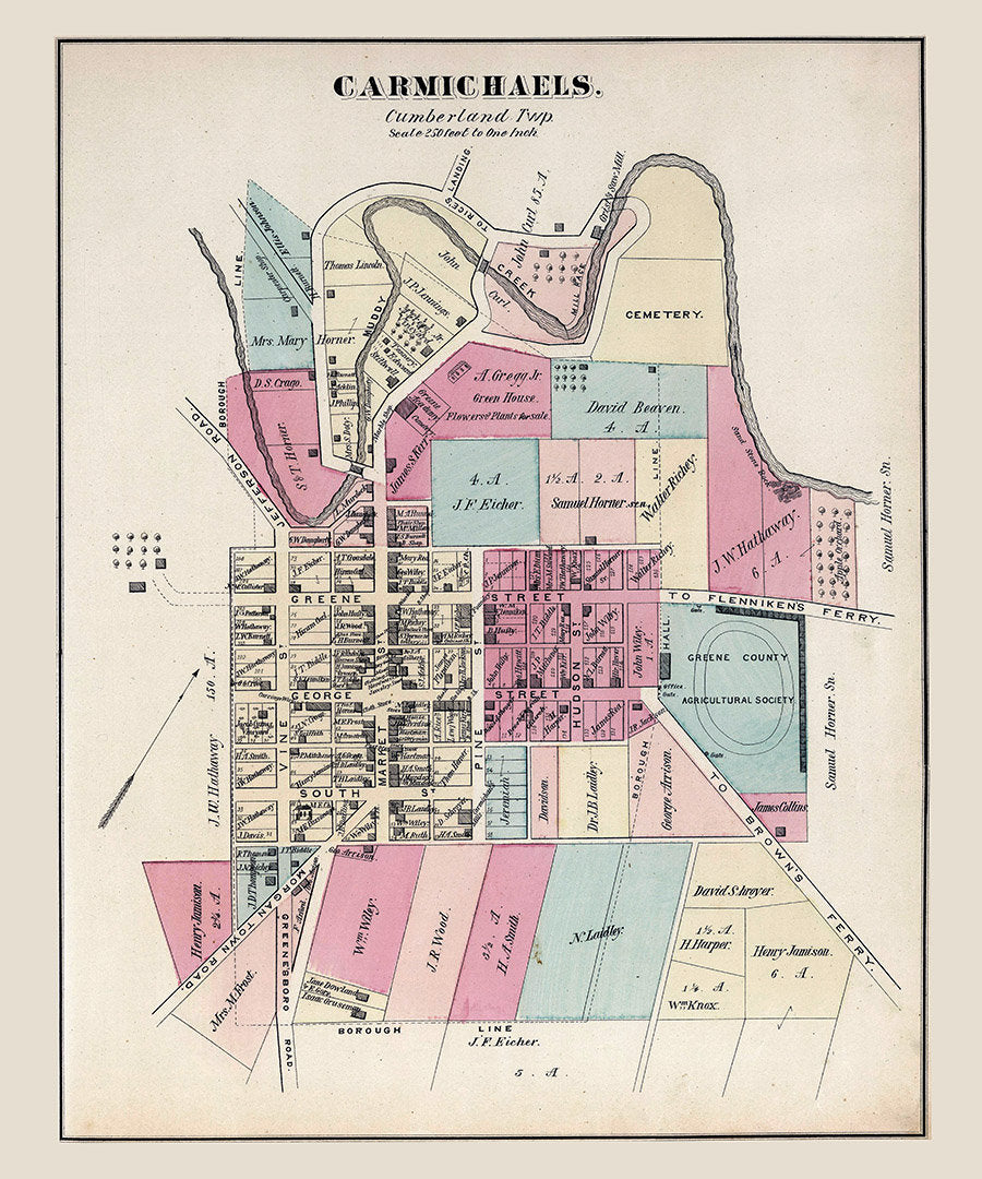 1876 Map of Carmichaels Greene County Pennsylvania