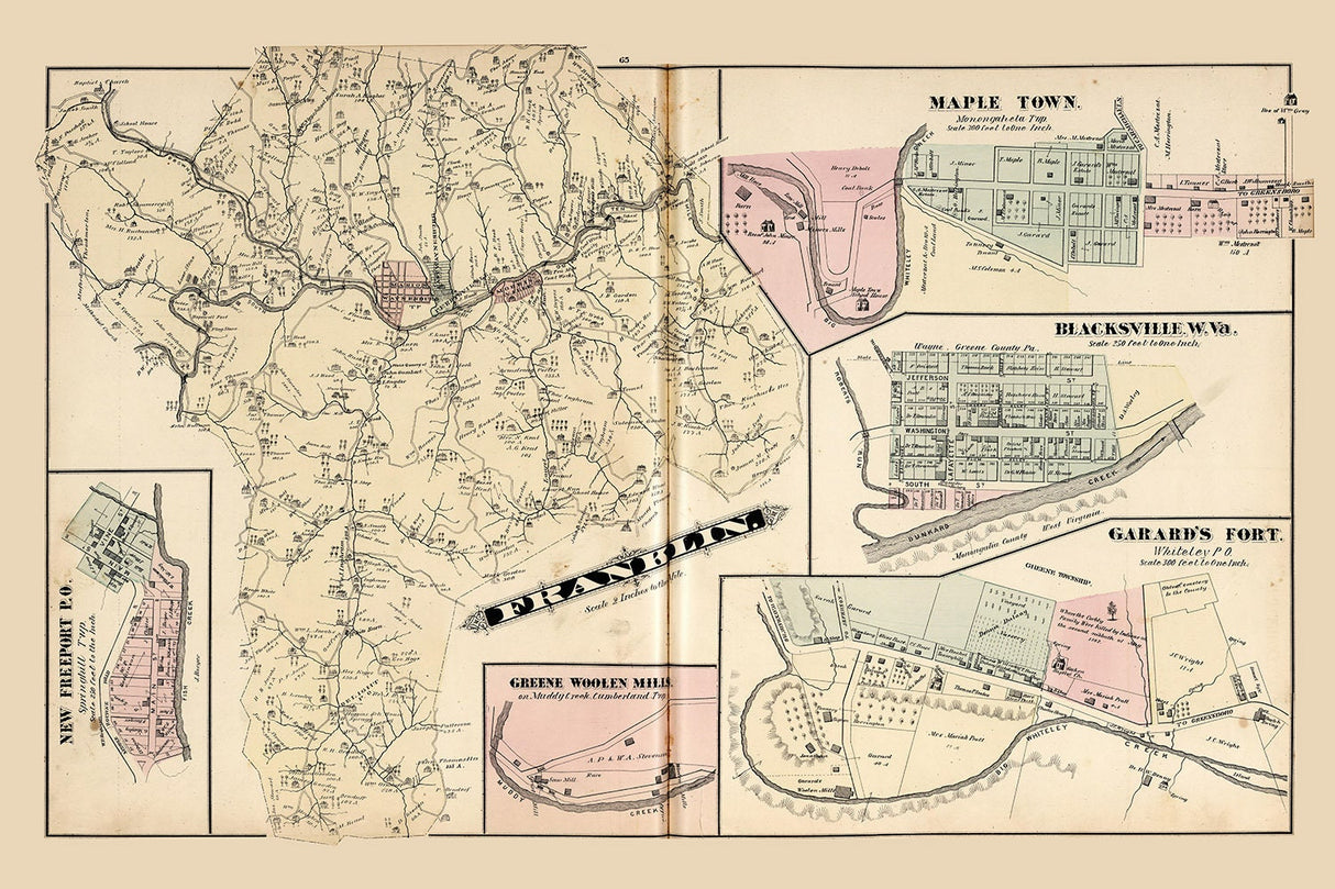 1876 Map of Franklin Township Greene County Pennsylvania Garards Fort Blacksville