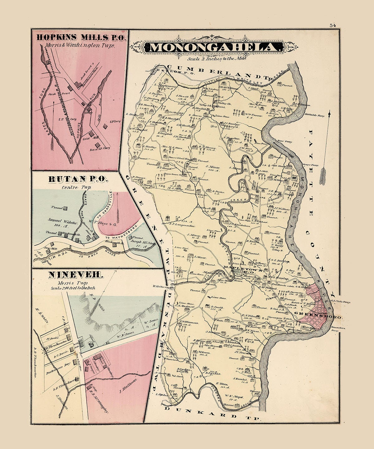 1876 Map of Monongahela Township Greene County Pennsylvania