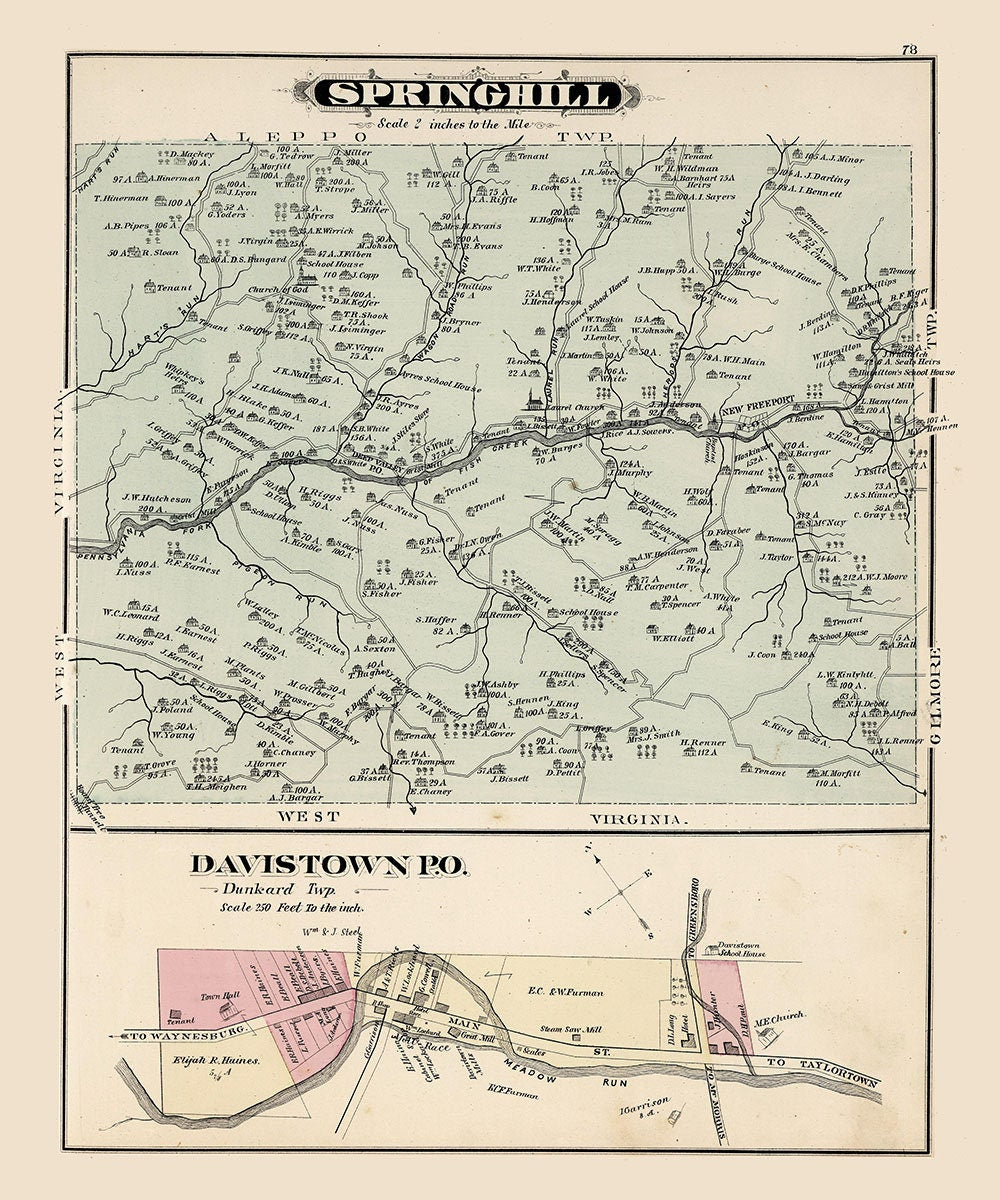 1876 Map of Springhill Township Greene County Pennsylvania