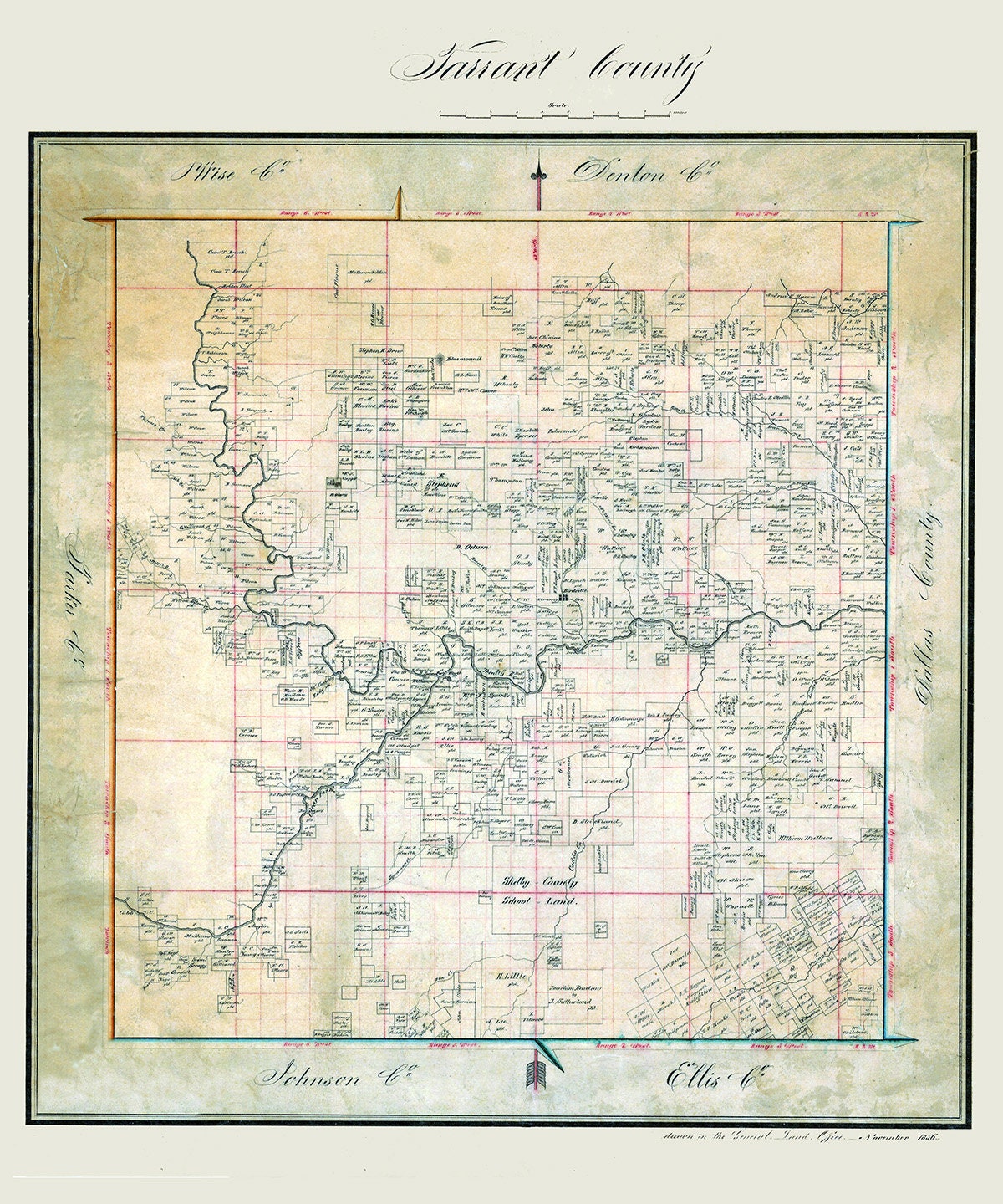 1856 Map of Tarrant County Texas Fort Worth