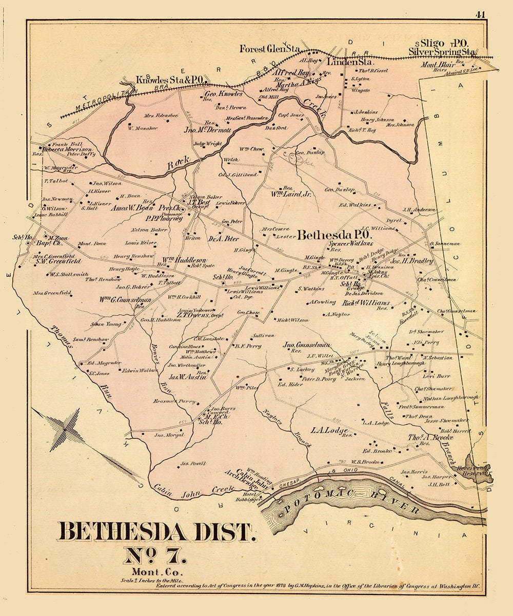 1879 Map of Bethesda District Montgomery County Maryland