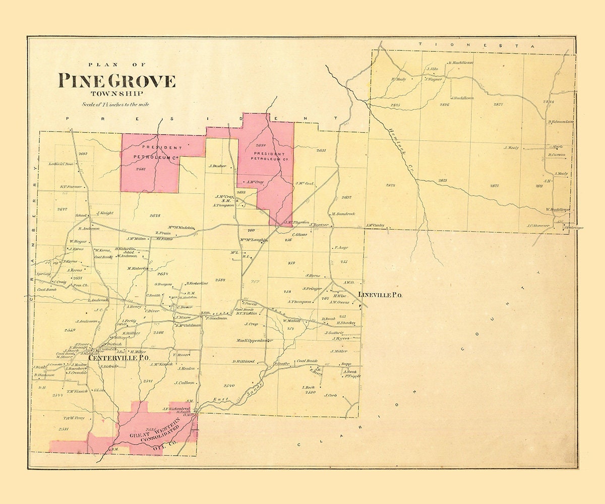 1865 Map of Pine Grove Township Venango County Pennsylvania Oil Region