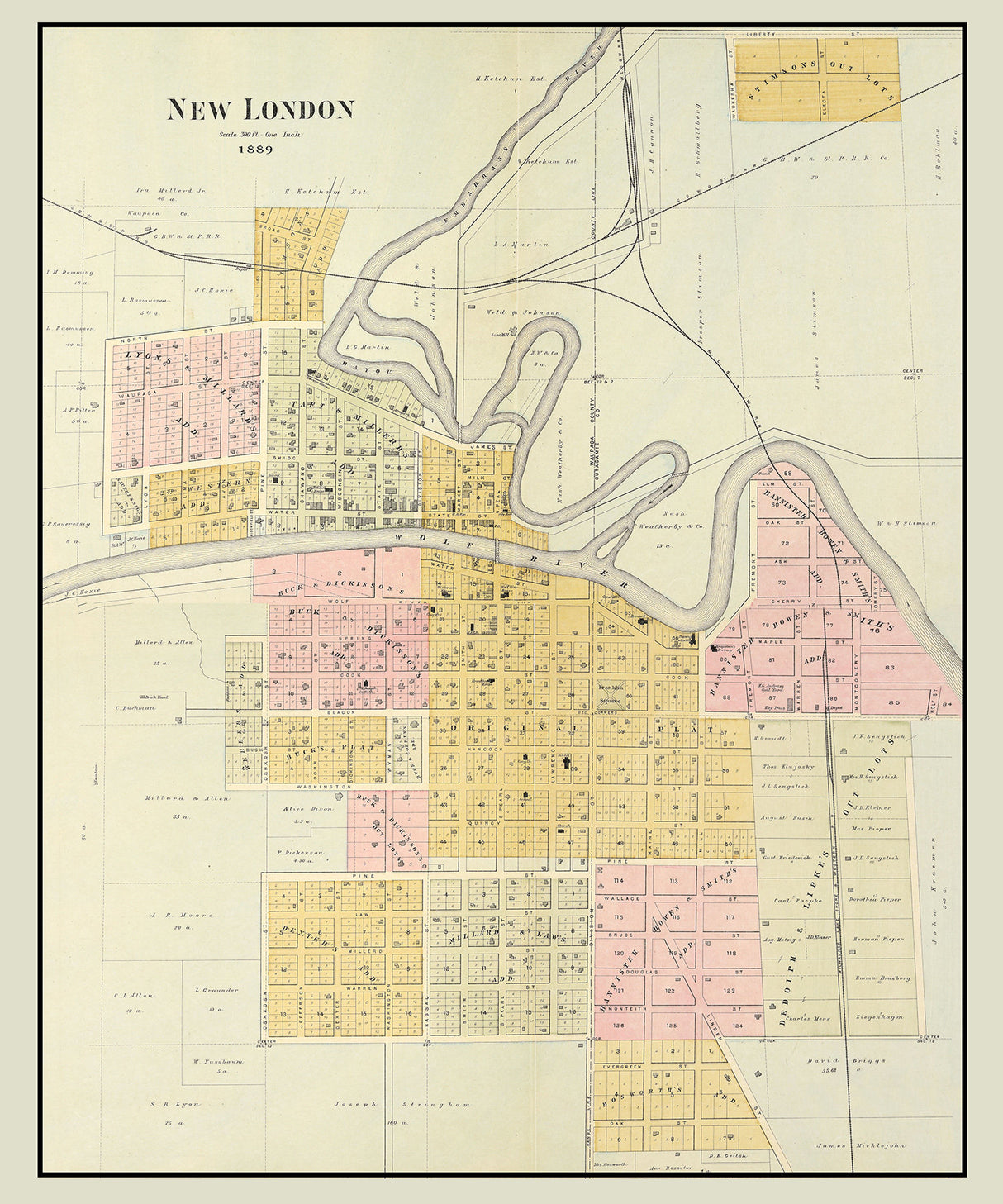 1889 Town Map of New London Waupaca County Wisconsin