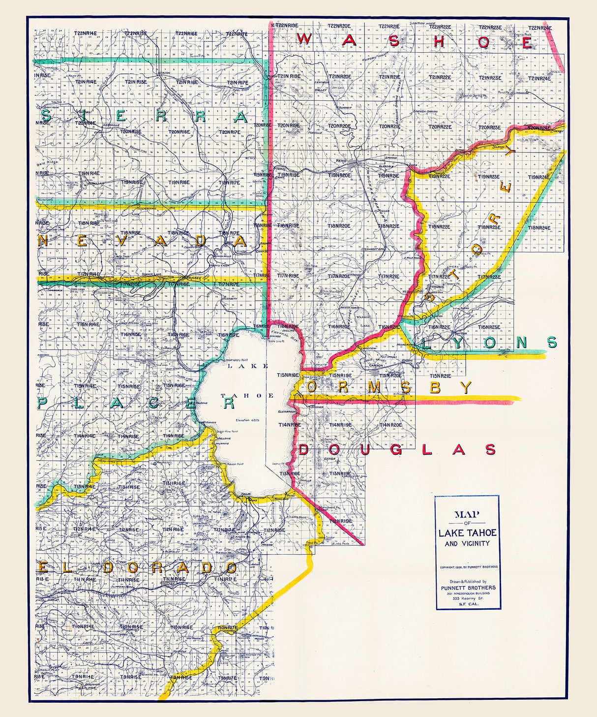 1908 Map of Lake Tahoe and Vicinity