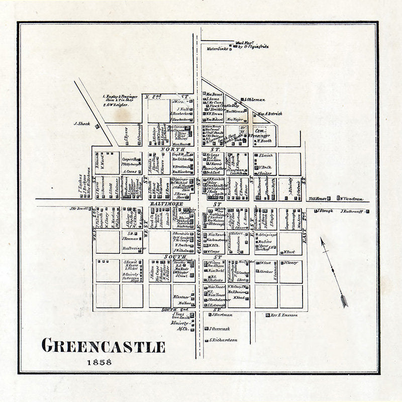 1858 Map of Greencastle Franklin County Pennsylvania