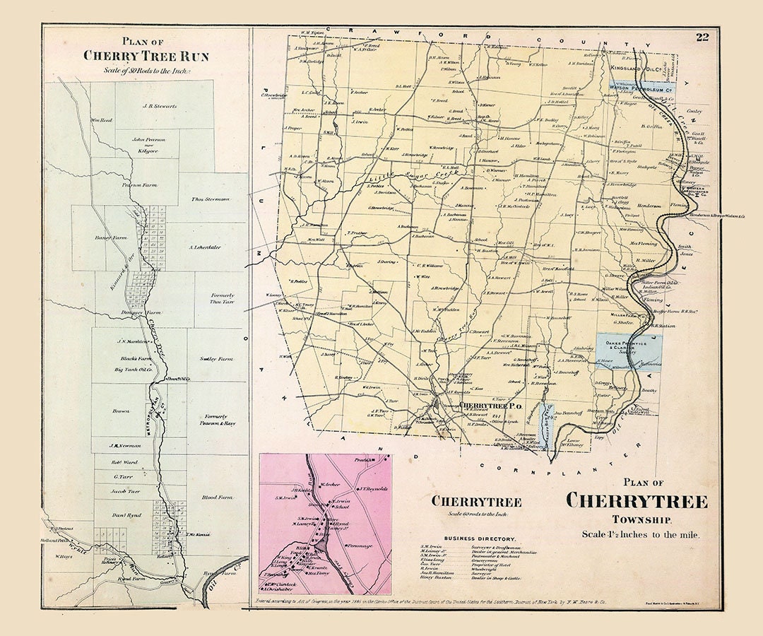 1865 Map of Cherrytree Township Venango County Pennsylvania Oil Region