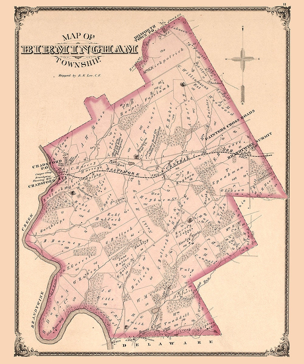1875 Map of Birmingham Township Delaware County Pennsylvania