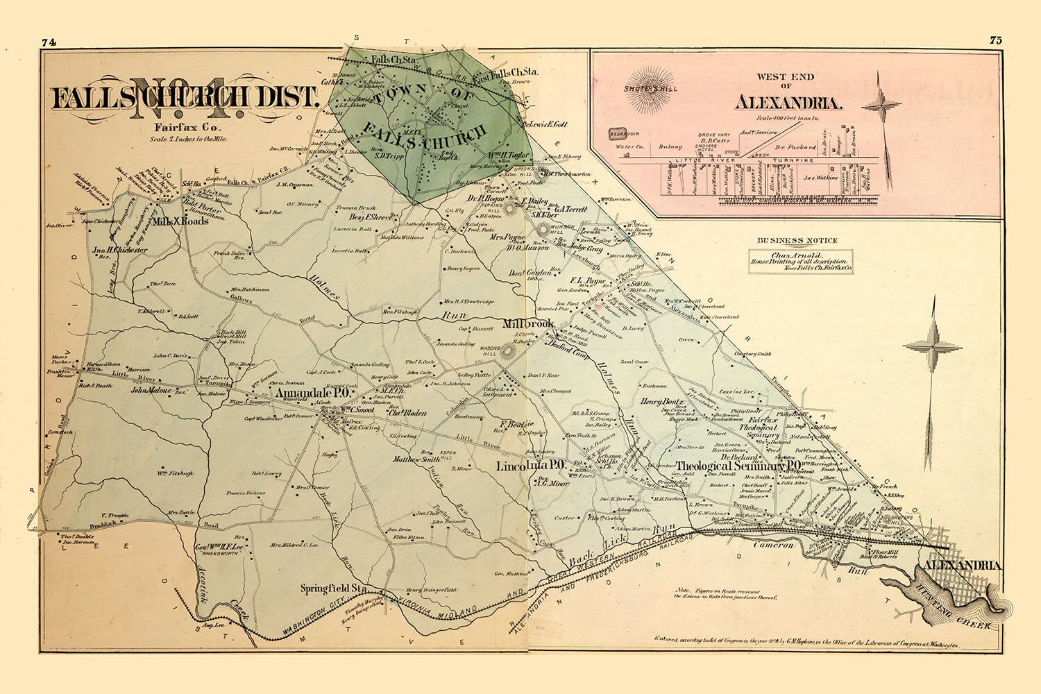1879 Map of Falls Church District Fairfax County Virginia