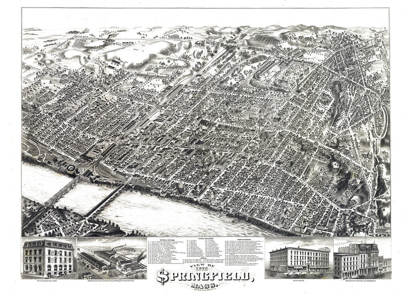 1875 Panoramic Map of Springfield Massachusetts