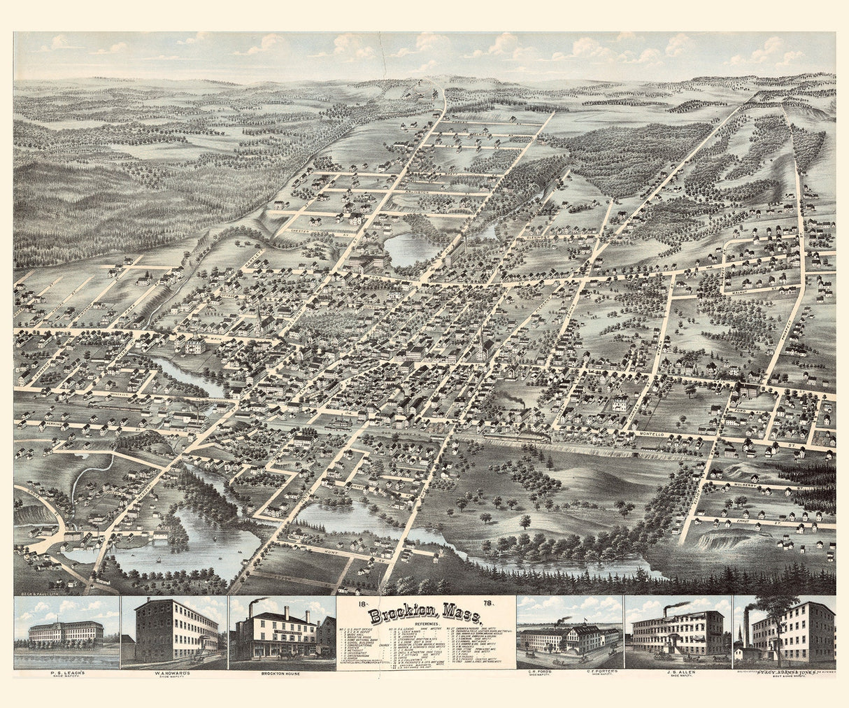 1878 Panoramic Map of Brockton Massachusetts