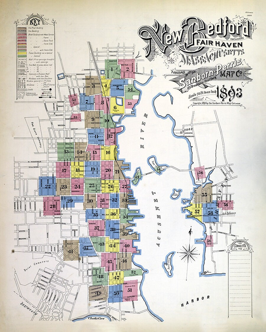 1893 Town Map of New Bedford Bristol County Massachusetts