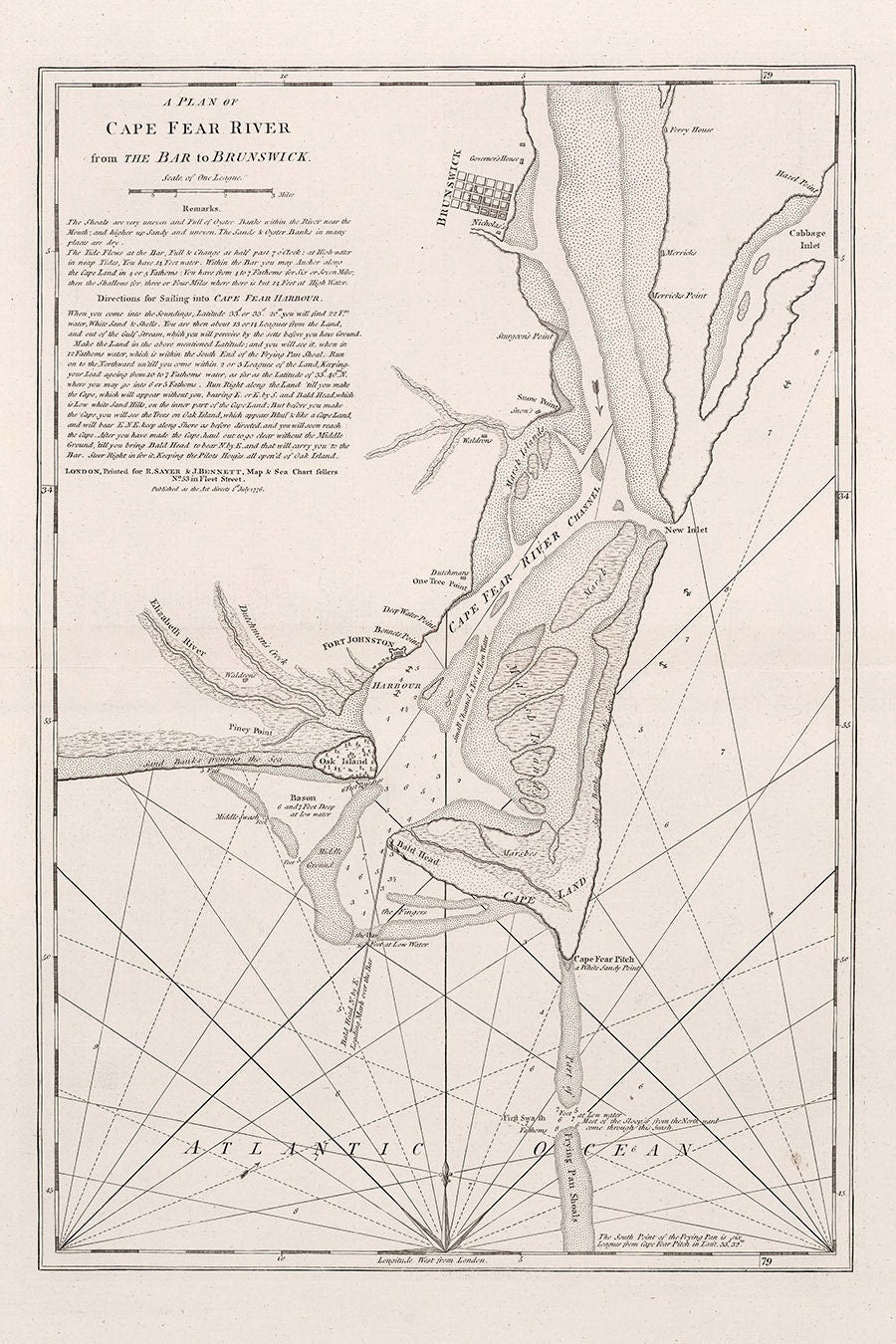 1776 Nautical Chart of Cape Fear River to Brunswick Georgia