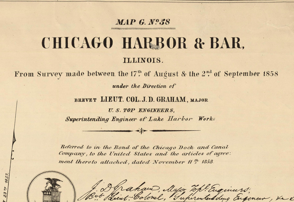 1858 Map of Chicago Harbor and Bar Illinois