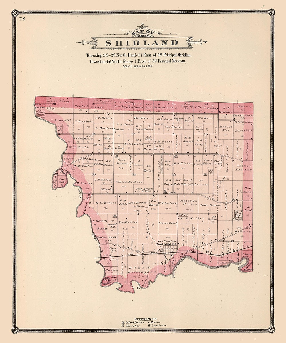 1886 Map of Shirland Township Winnebago County Illinois
