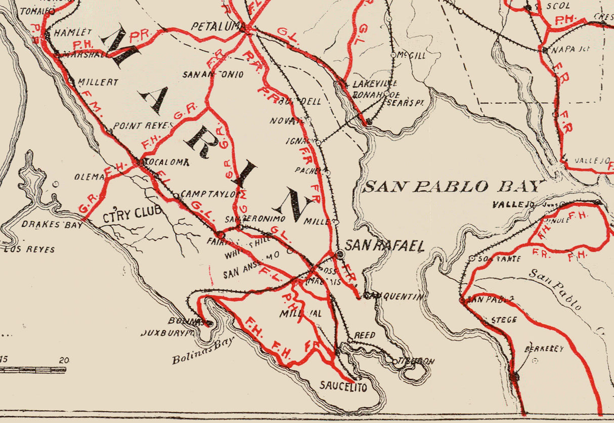 1896 Map of Sonoma Marin Lake and Napa County California