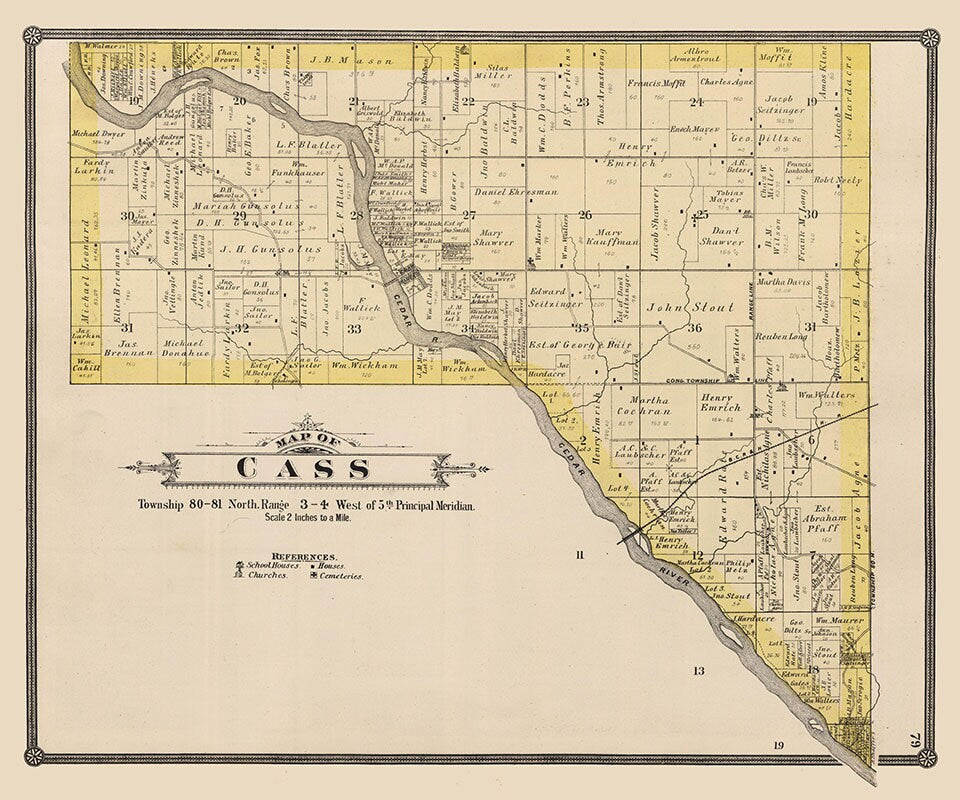 1885 Map of Cass Township Cedar County Iowa